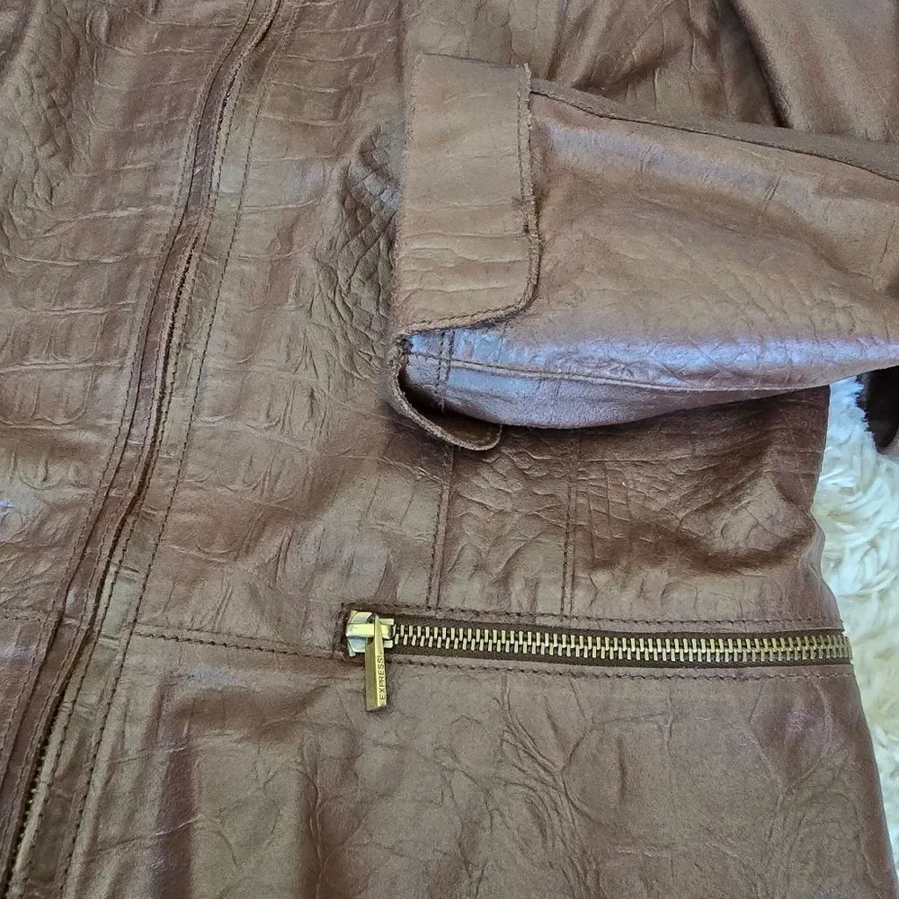 Express Genuine Leather Croc Embossed Brown Jacket Zip Size 14‎ Y2K 90s Western